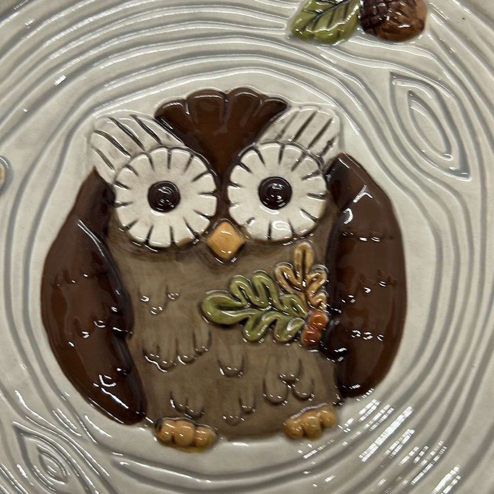 Grasslands Road OWL PLATES Woodgrain Tree Stump Leaves Set of 2 NEW WITH TAG - Picture 4 of 8